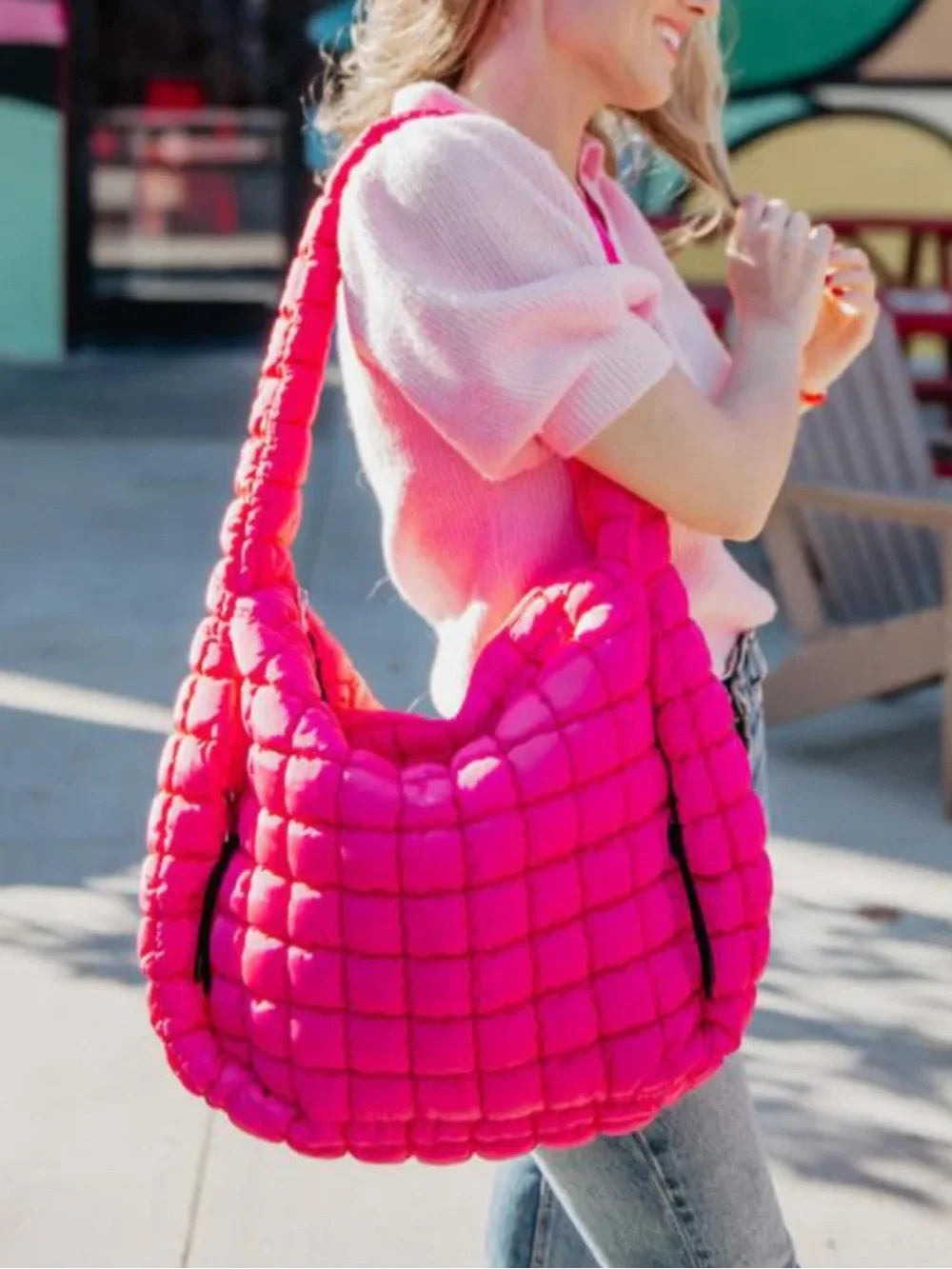Hot Pink Quilted Puffer Shoulder Bag